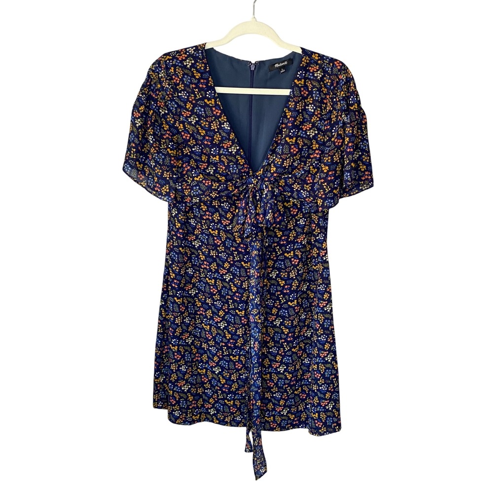 Madewell Navy Blue Floral Tie Front V-Neck Short Sleeve Mini Dress Size 8